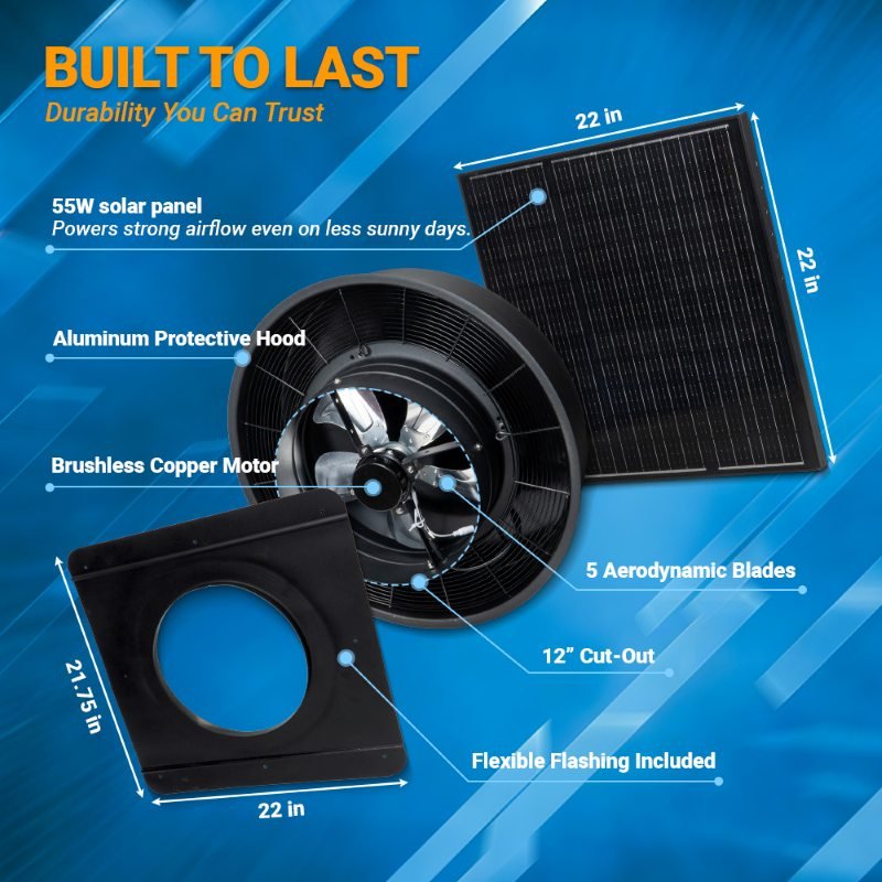 12″ Solar Attic Vent Fan-55W- Hybrid Power - Image 7